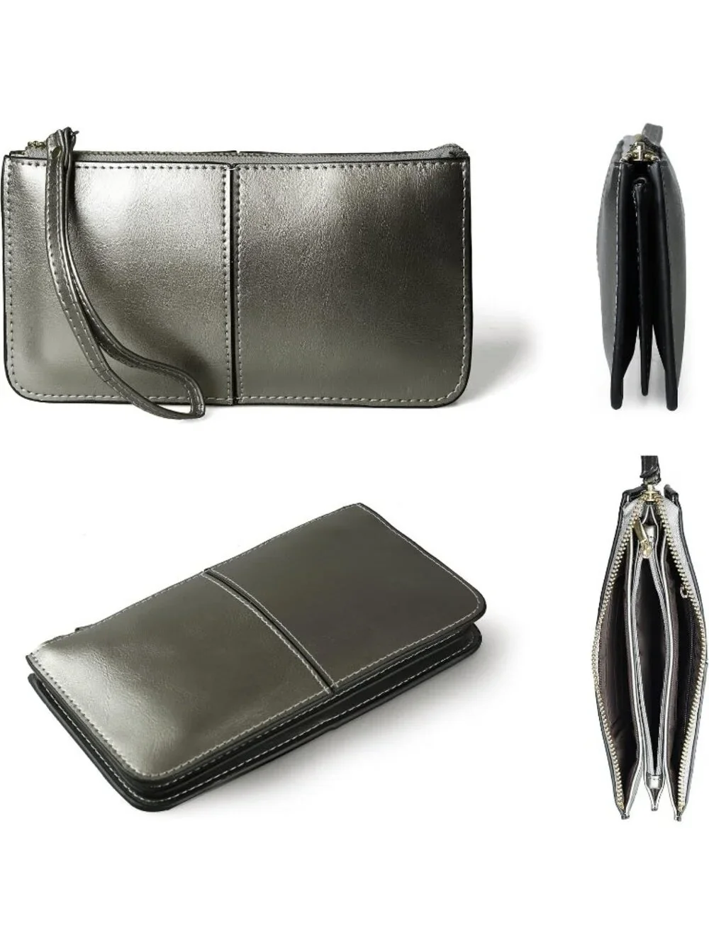 Women's Warm Silver Leather Wristlet Clutch Wallet redit Card Holder Purse